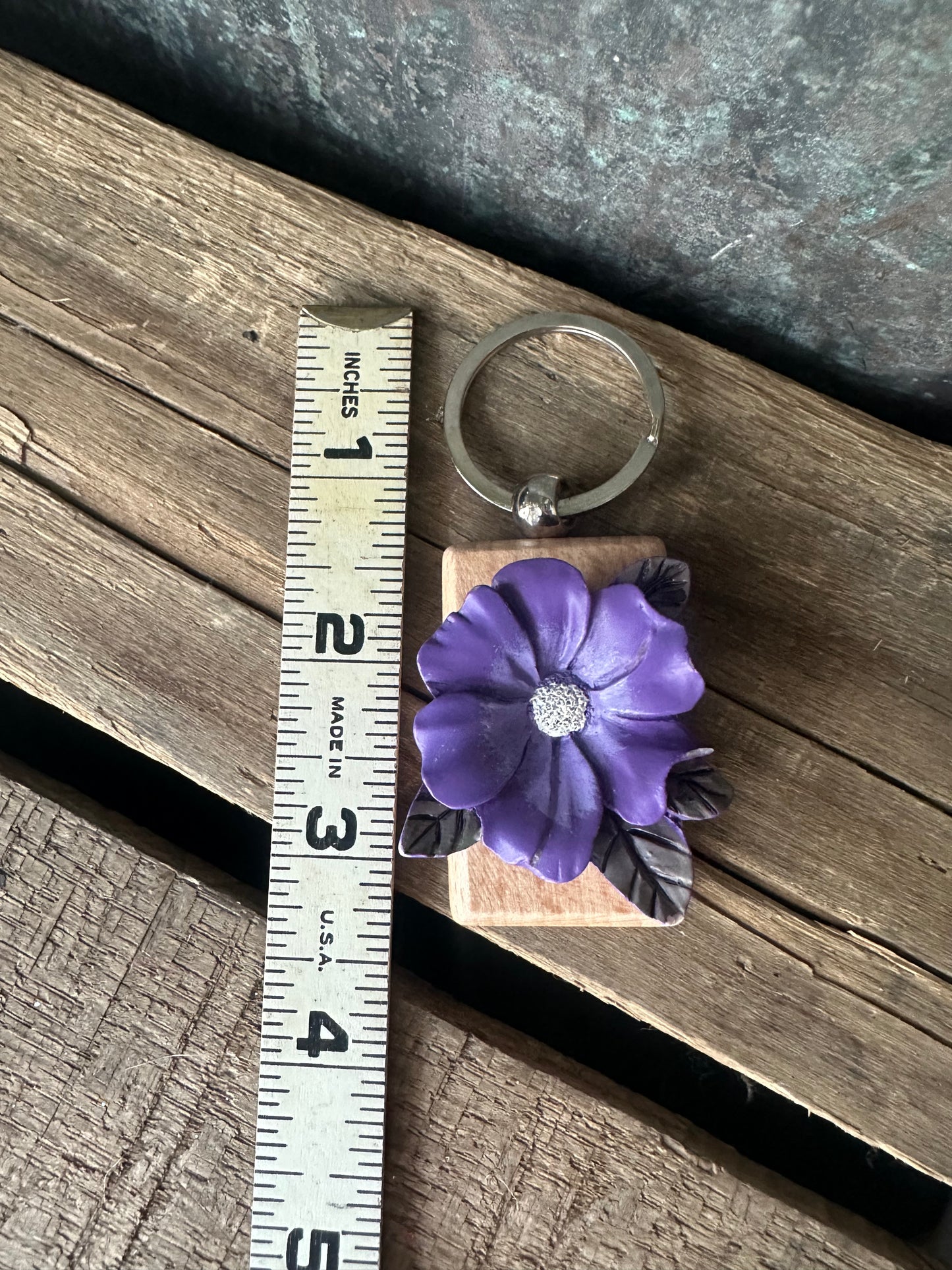 Repurposed Purple resin flower leaf key chain