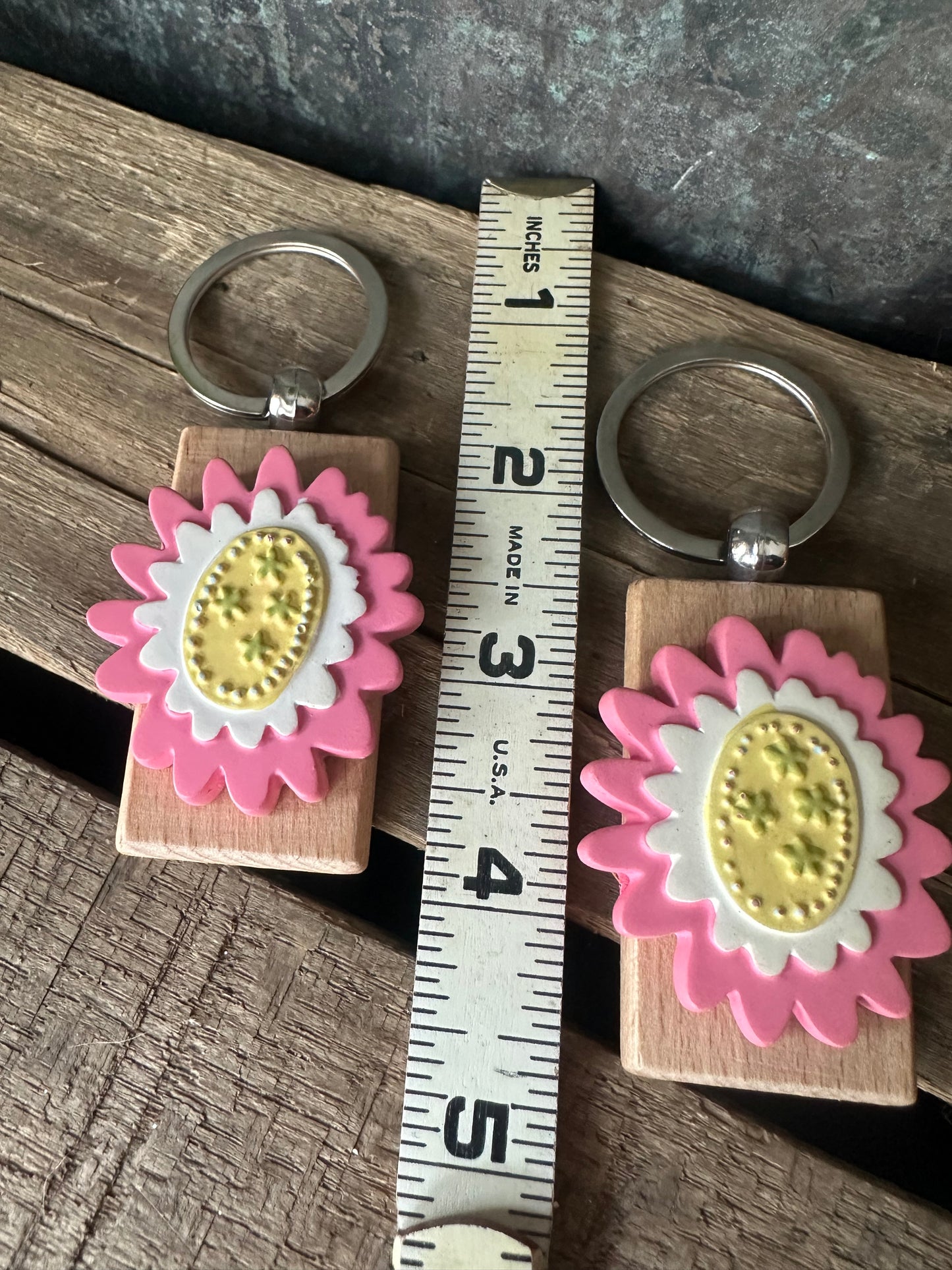 Repurposed Pink Yellow resin flower keychain