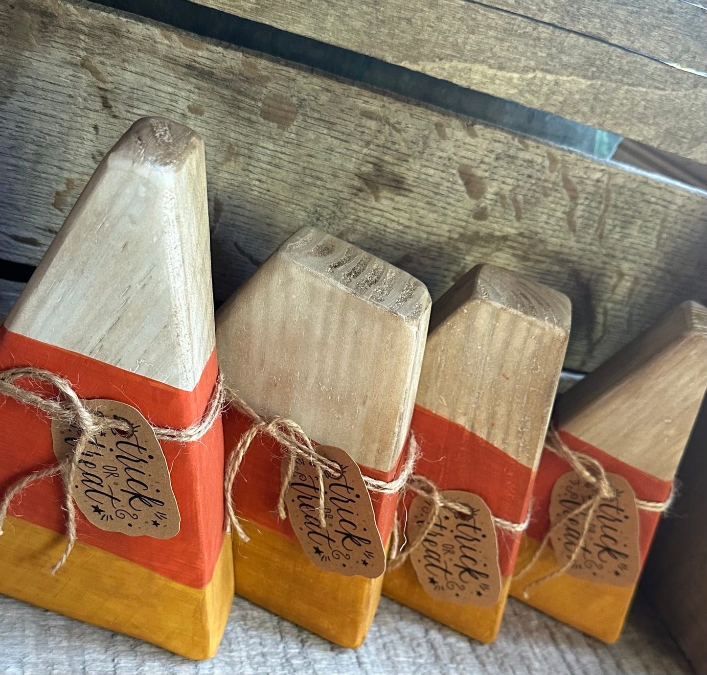 Distressed Candy Corn shelf sitter— trick or treat