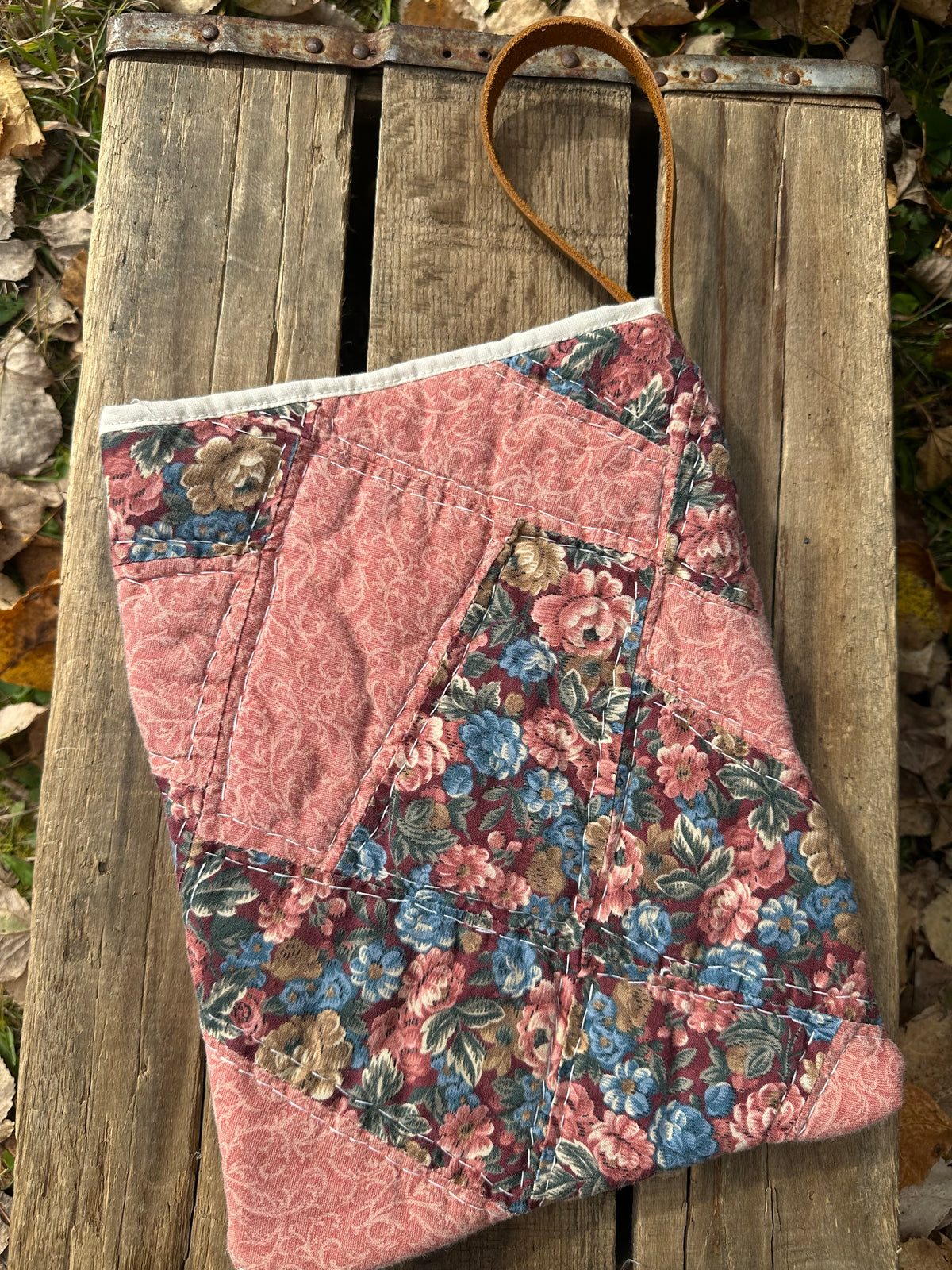Vintage Floral Quilt Book Sleeve with Leather Wristlet | Pink Patchwork