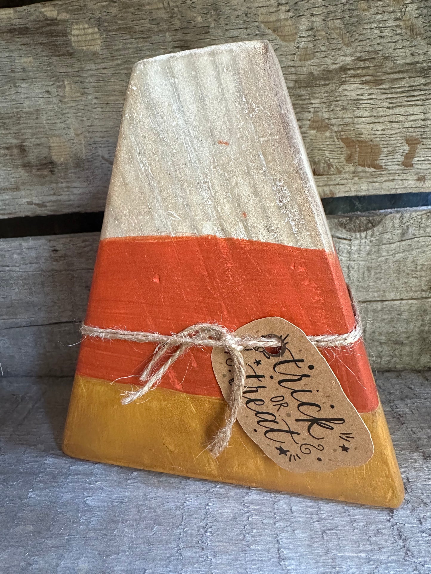 Distressed Candy Corn shelf sitter— trick or treat