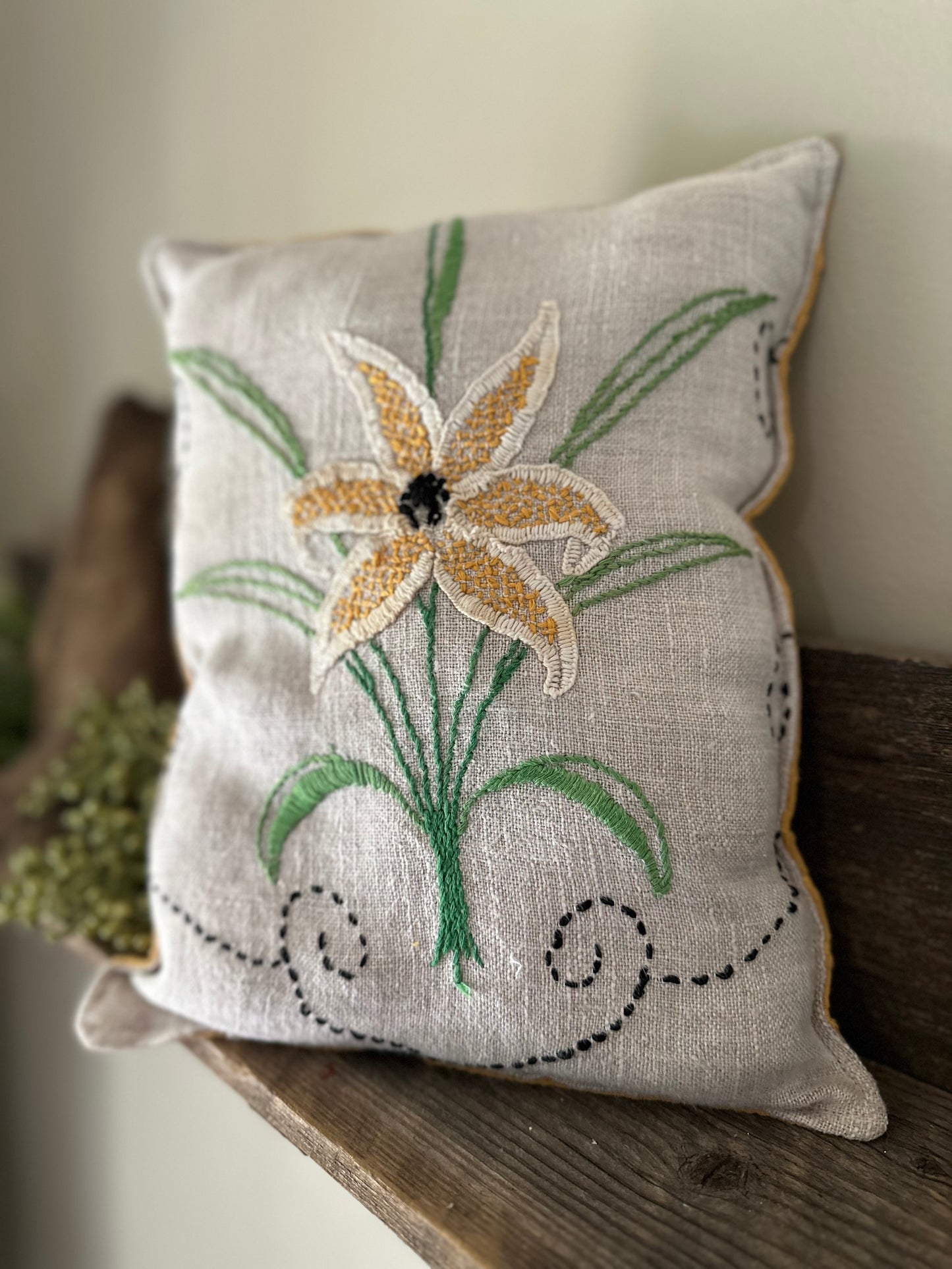 Vintage Hand Embroidered Flower Pillow