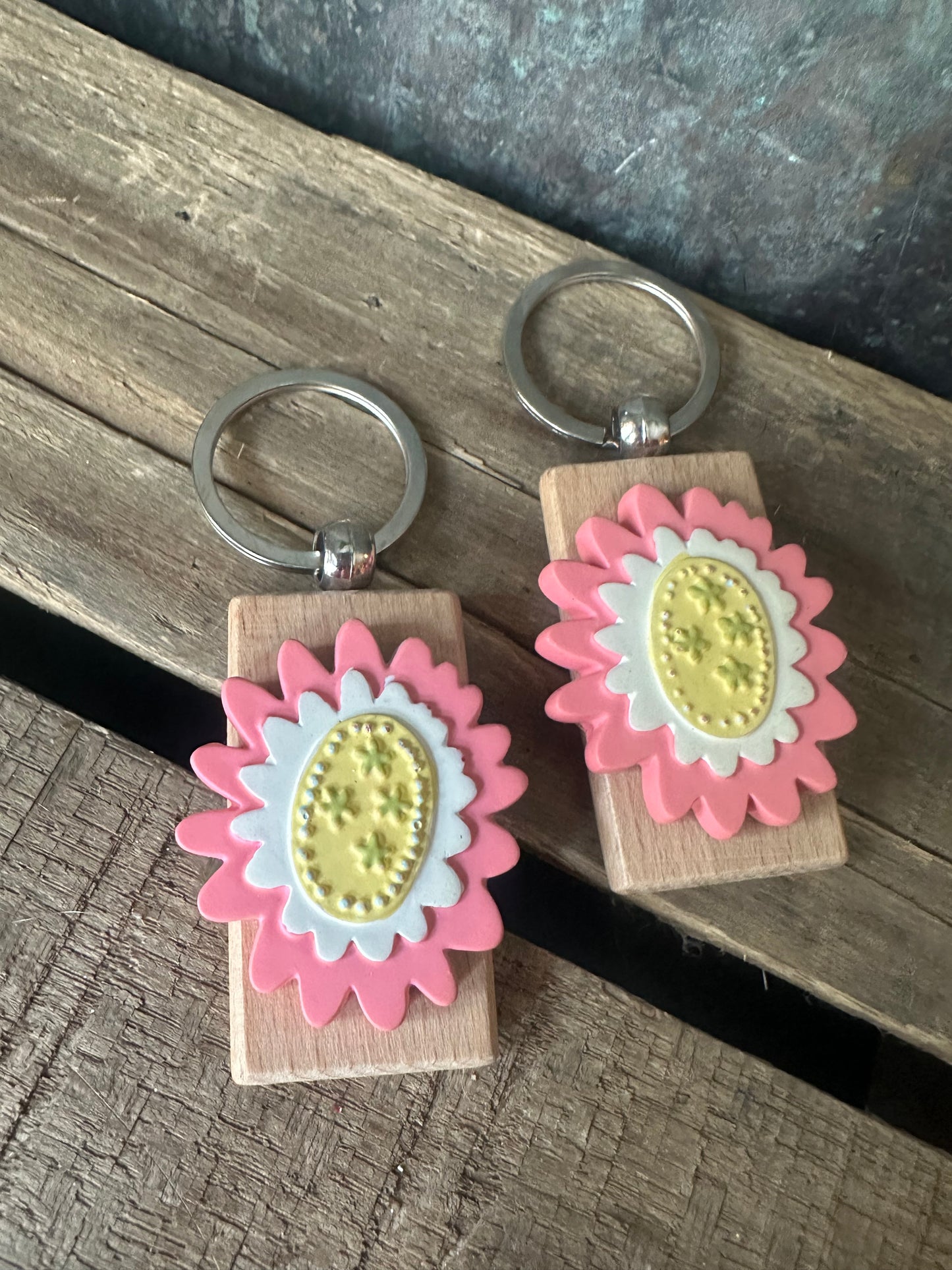 Repurposed Pink Yellow resin flower keychain