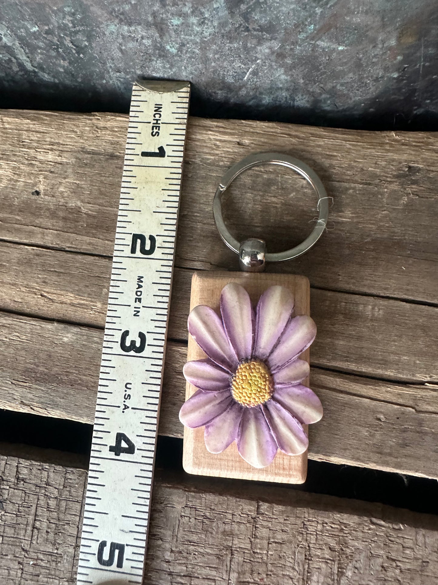 Repurposed Light Purple Yellow resin flower keychain