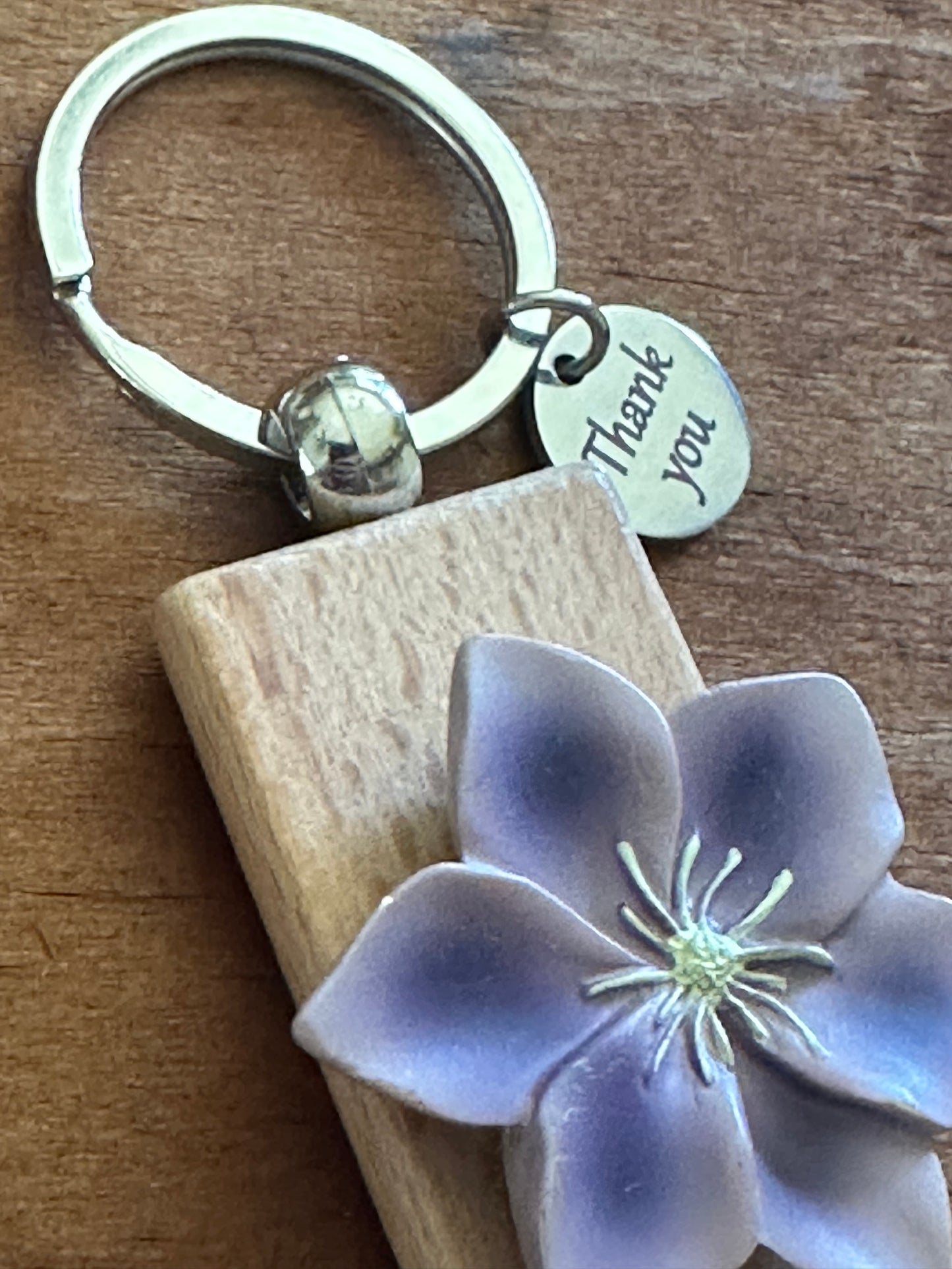 Repurposed Purple resin flower THANK YOU keychain