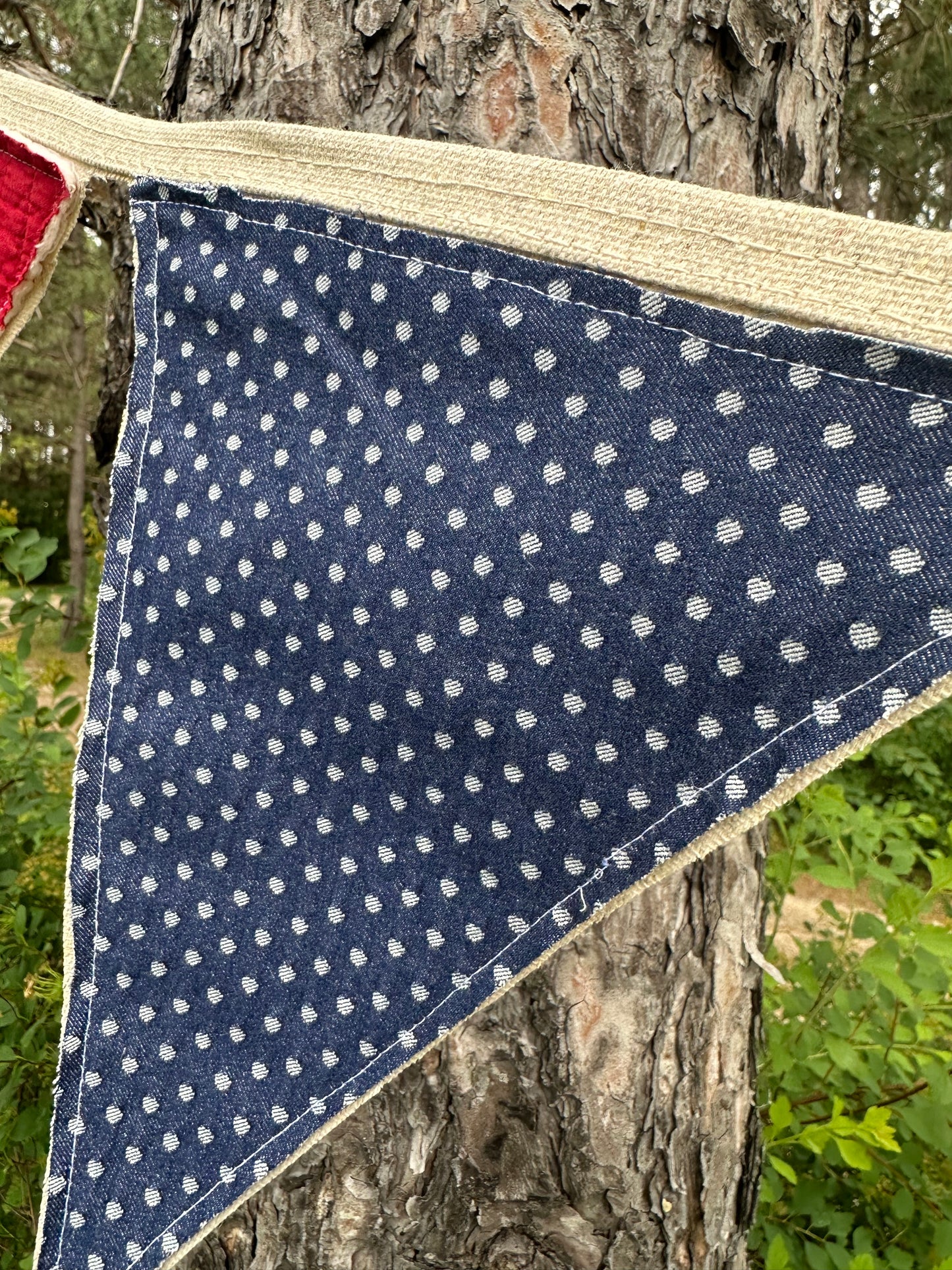 BANNER Patriotic  Blue With Polka Dot Textile + Red Quilted Pendants