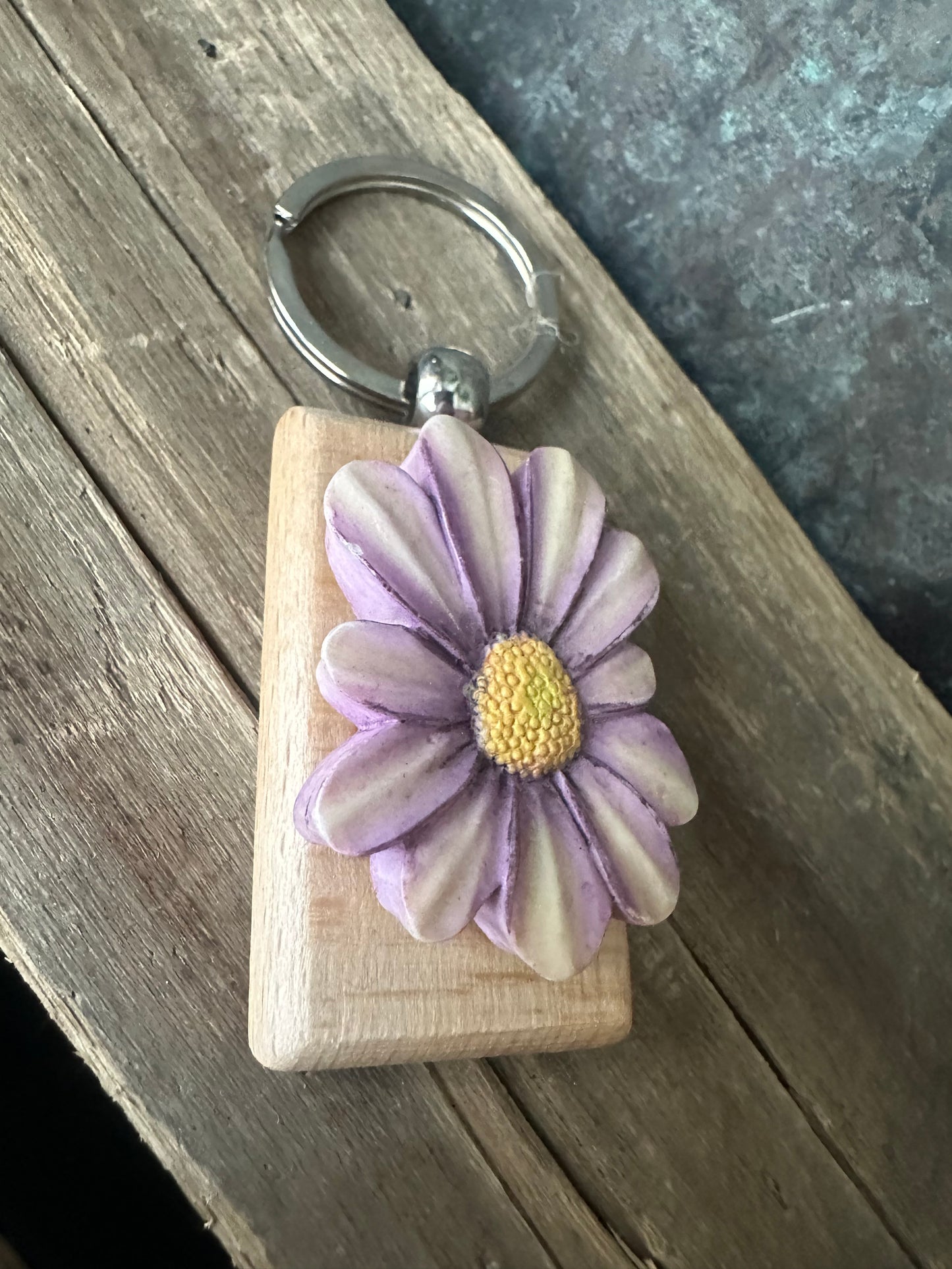 Repurposed Light Purple Yellow resin flower keychain