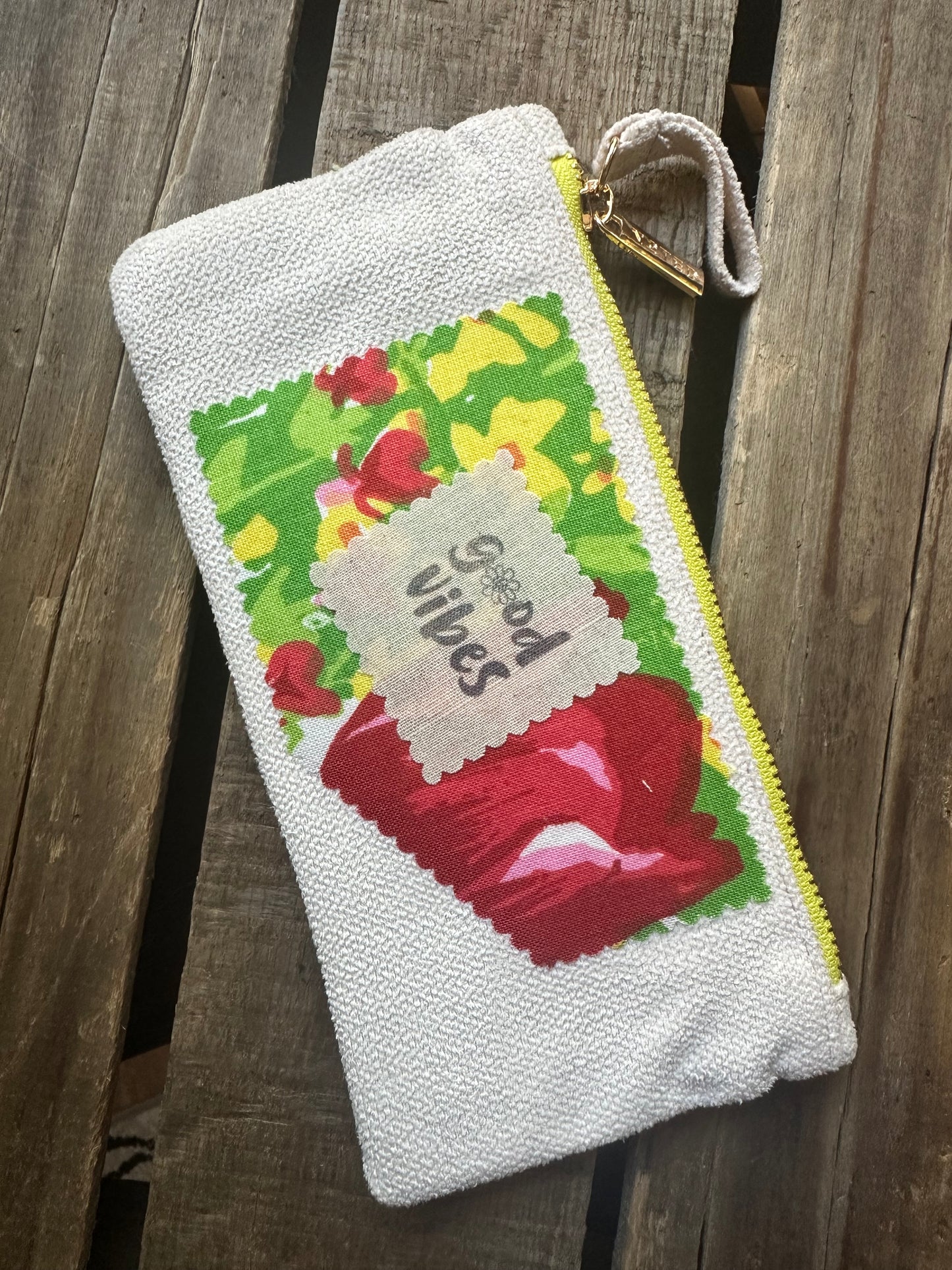 Fabric Repurposed Pouch: good vibes