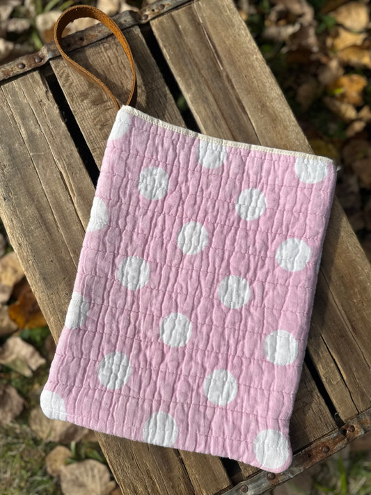 Pink Polka-Dot Quilt Book Sleeve with Leather Wristlet