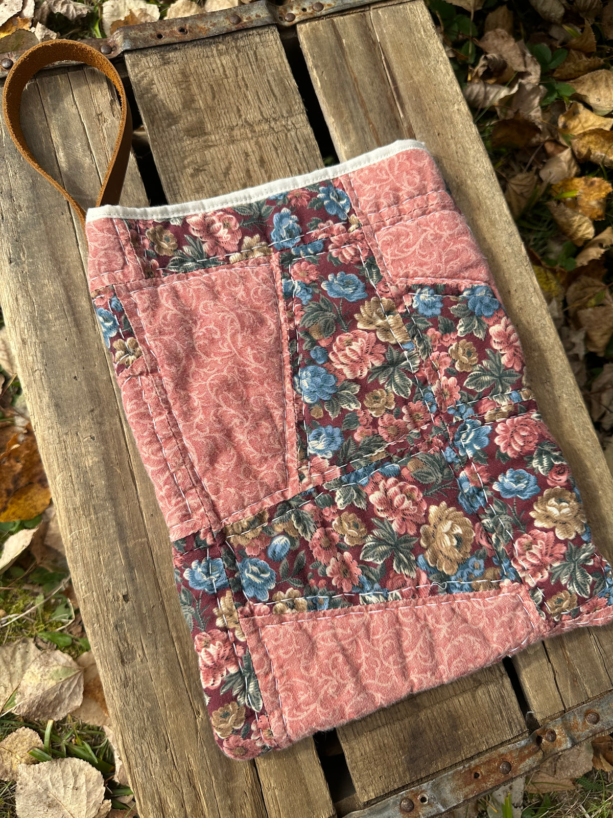 Vintage Floral Quilt Book Sleeve with Leather Wristlet | Pink Patchwork