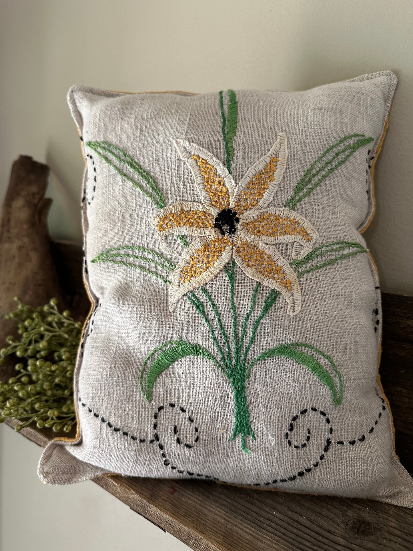 Vintage Hand Embroidered Flower Pillow