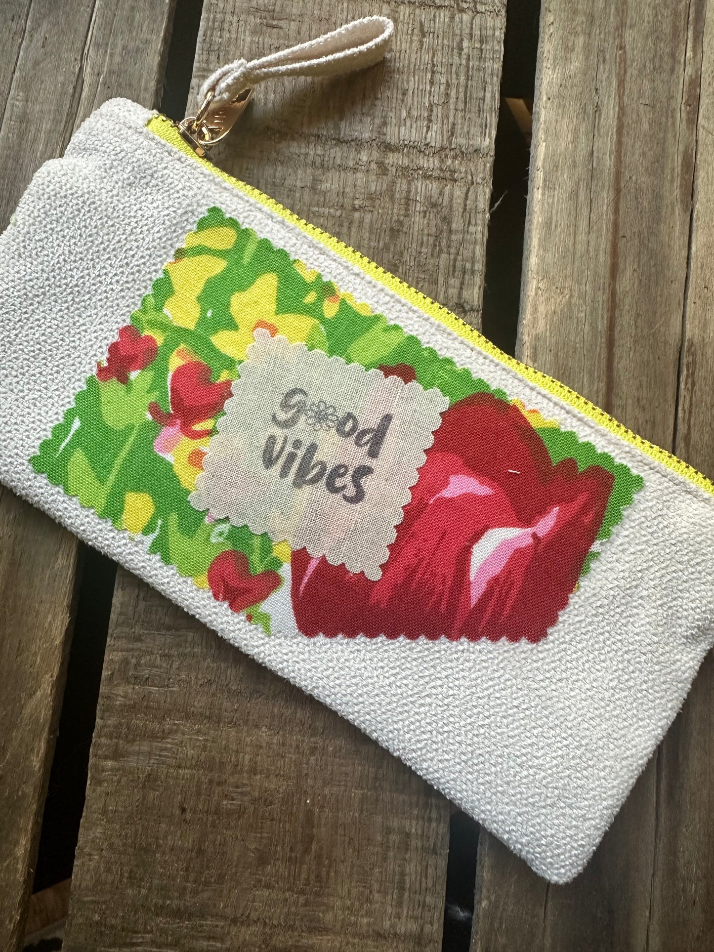 Fabric Repurposed Pouch: good vibes
