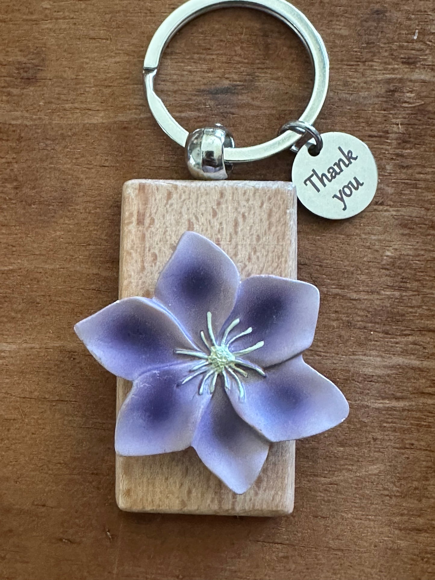 Repurposed Purple resin flower THANK YOU keychain