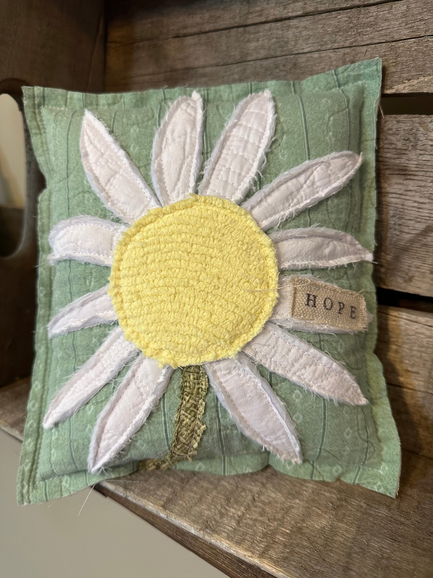Daisy HOPE Vintage Quilted LINEN Back Pillow Raw Edge