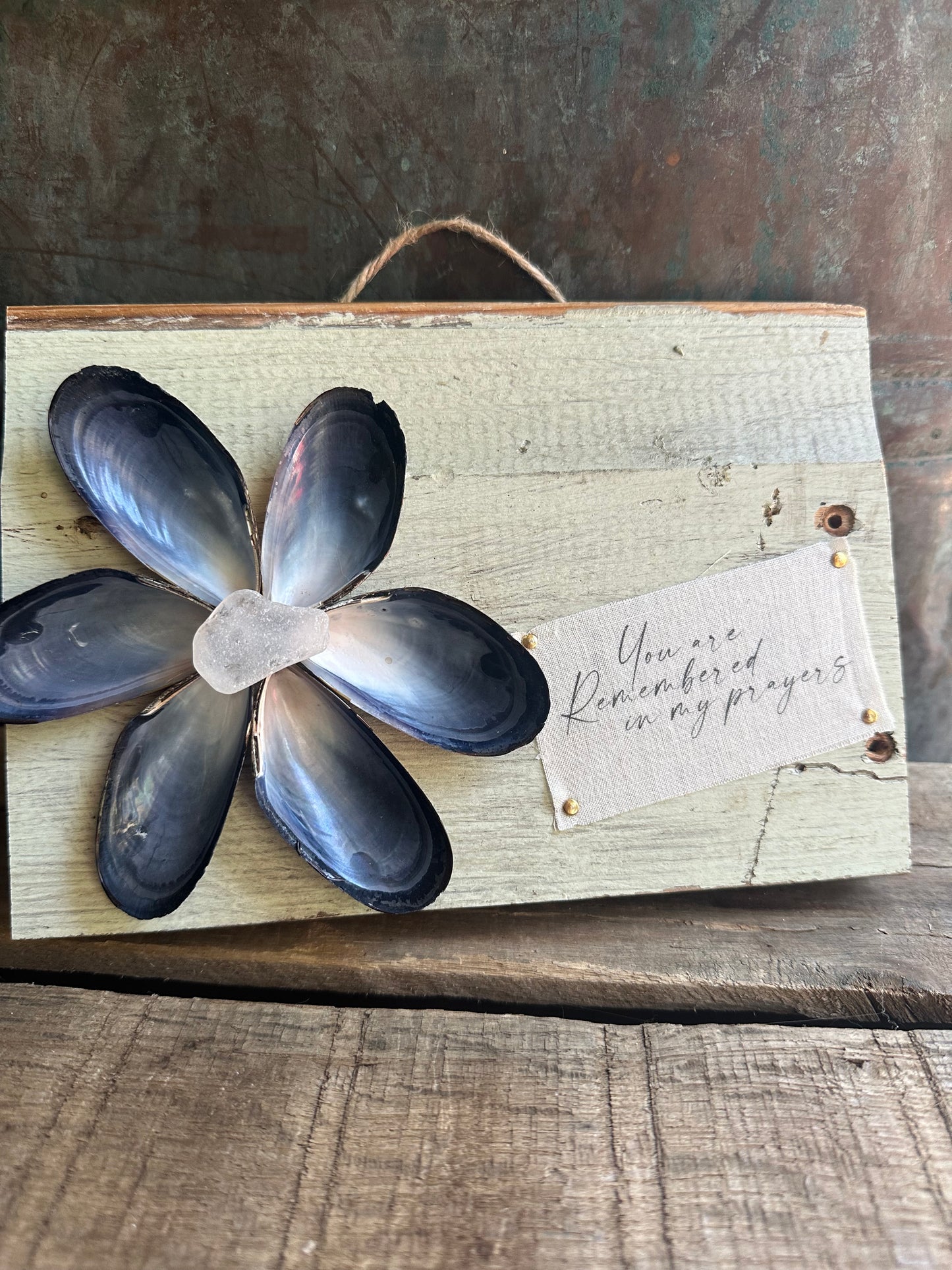 Mussel Shell Flower+ Weathered painted wood: God can redeem the wasted years