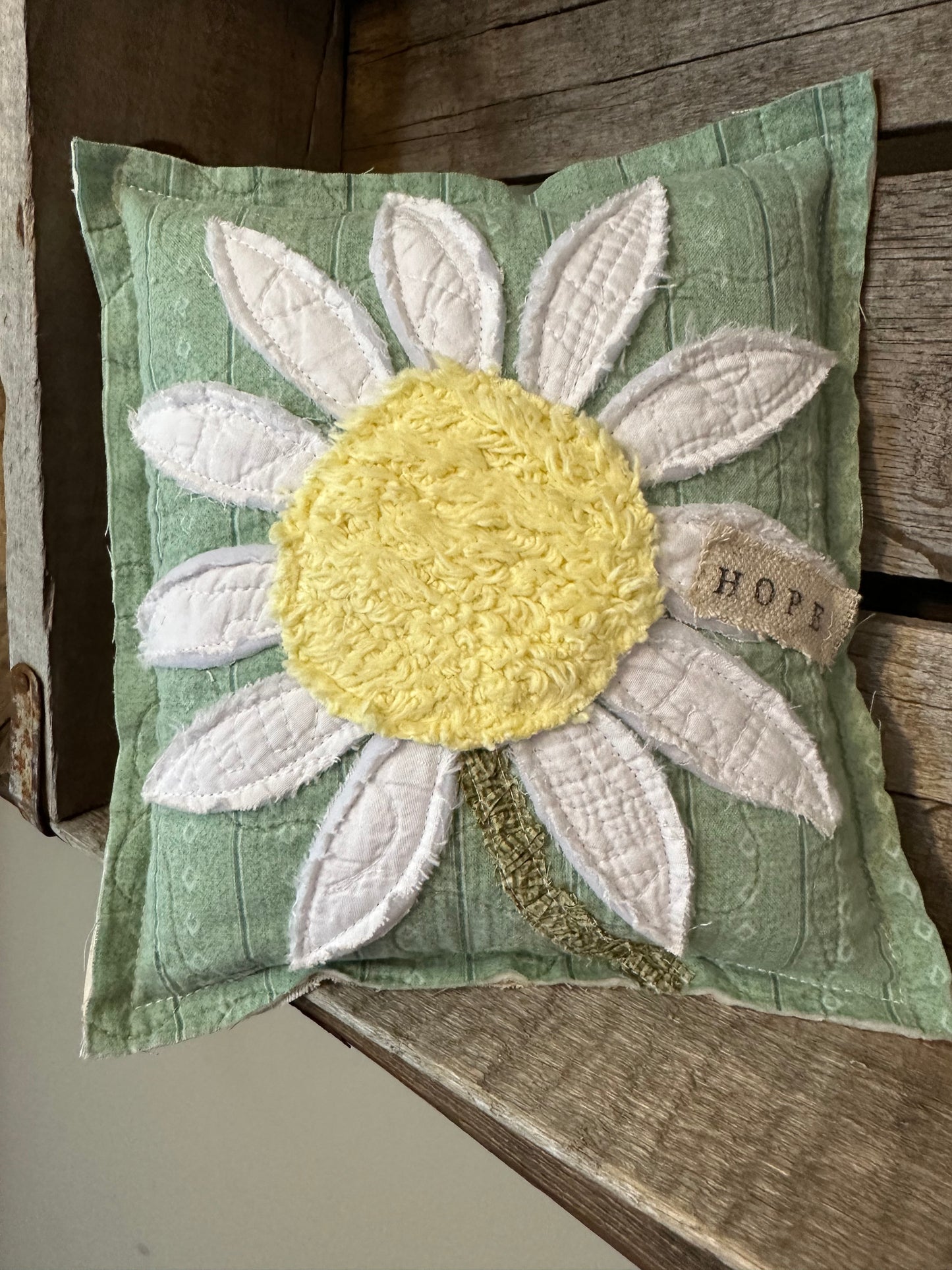 Daisy HOPE Vintage Quilted LINEN Back Pillow Raw Edge