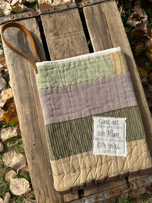 Reclaimed Quilt Book Sleeve with Leather Wristlet | 1 Peter 5:7