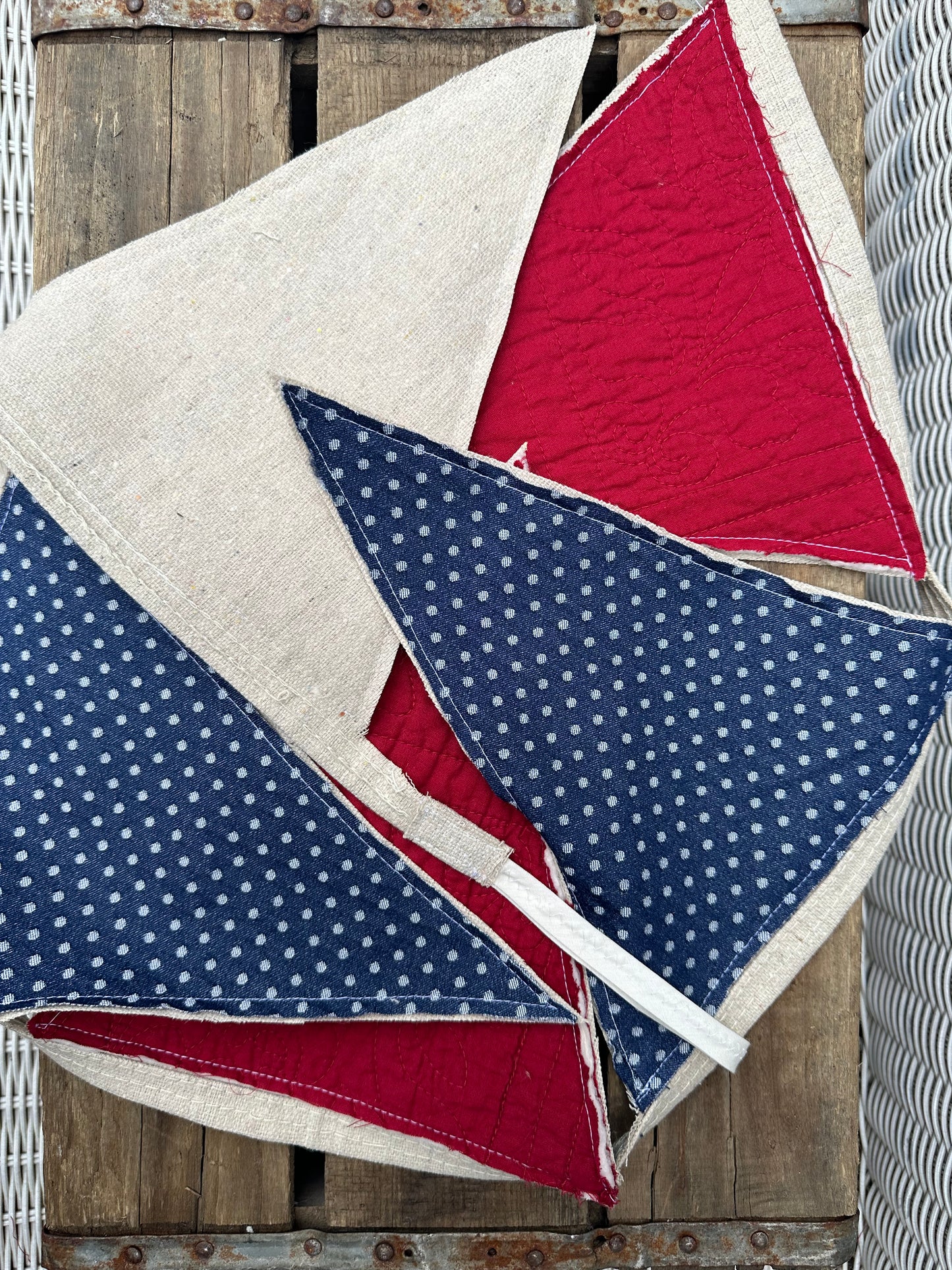BANNER Patriotic  Blue With Polka Dot Textile + Red Quilted Pendants