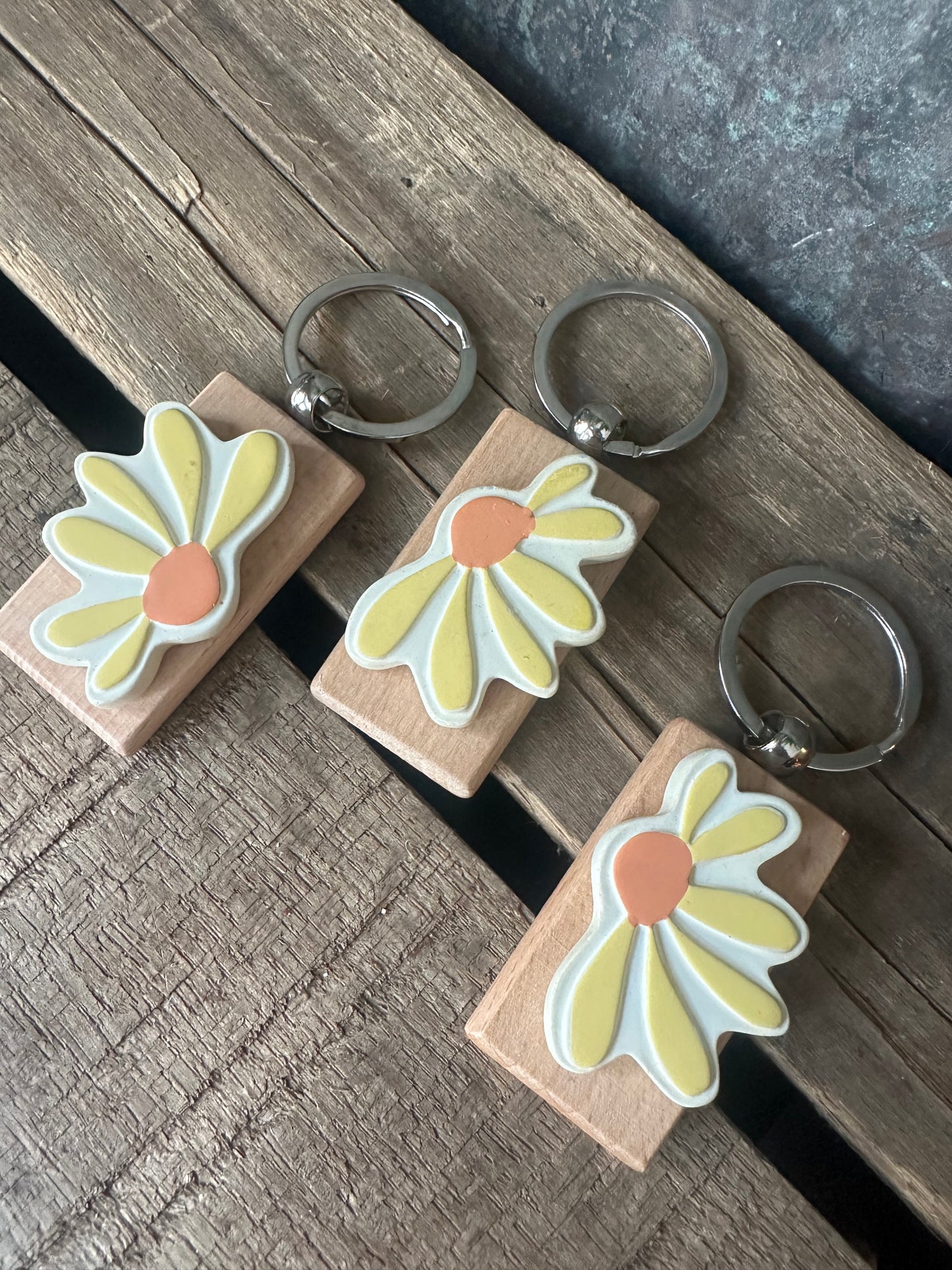 Repurposed Yellow resin flower keychain