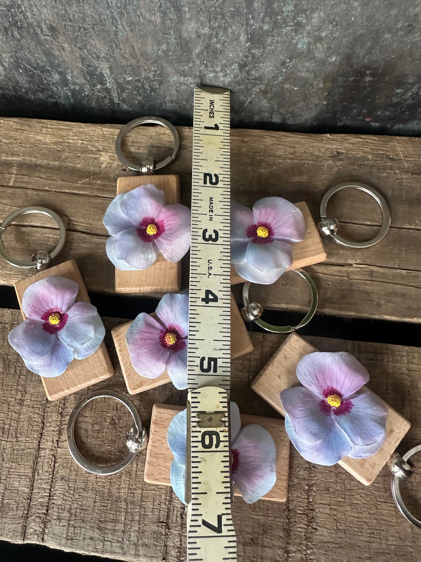 Repurposed Blue Purple resin flower keychain