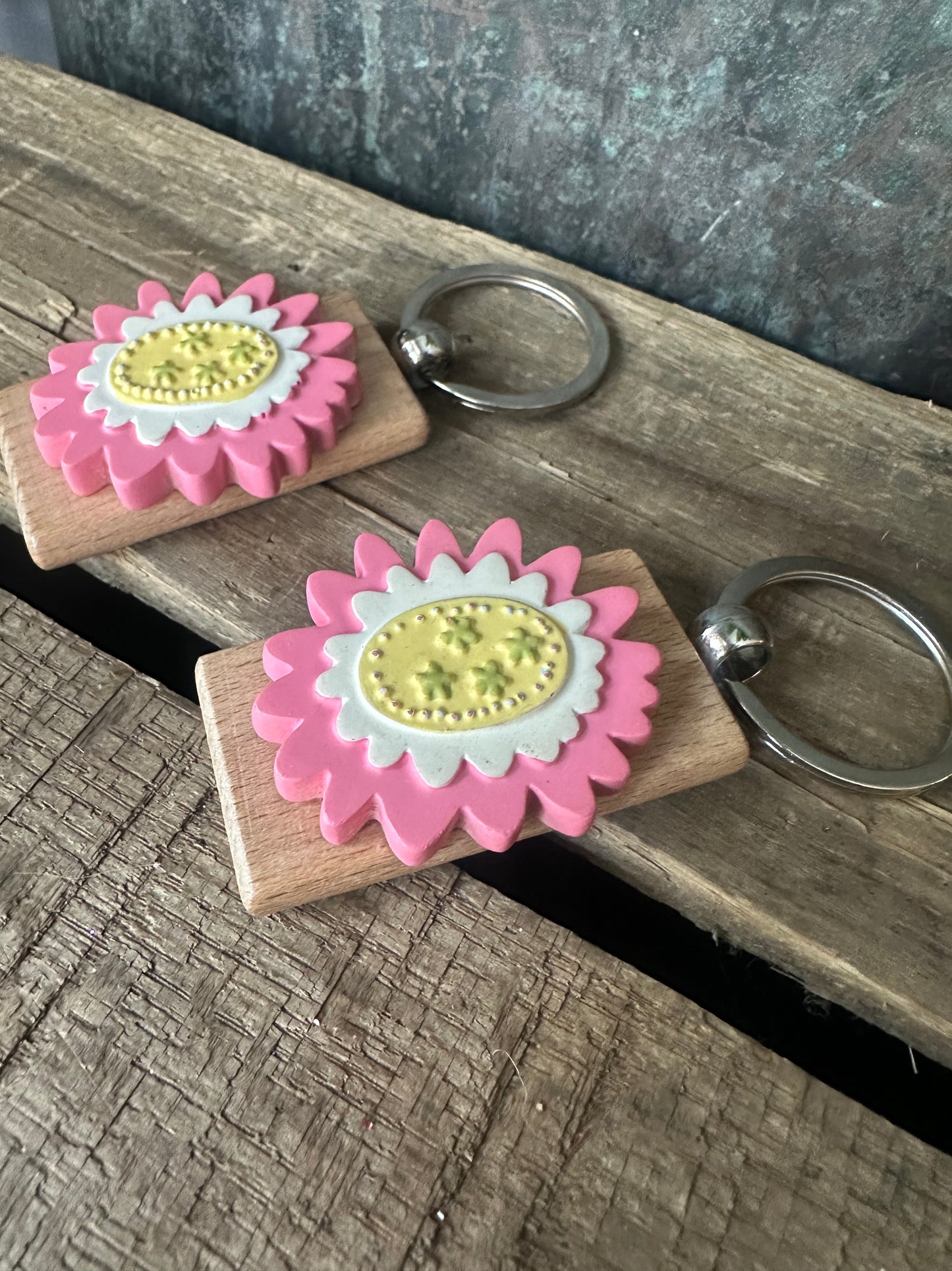 Repurposed Pink Yellow resin flower keychain
