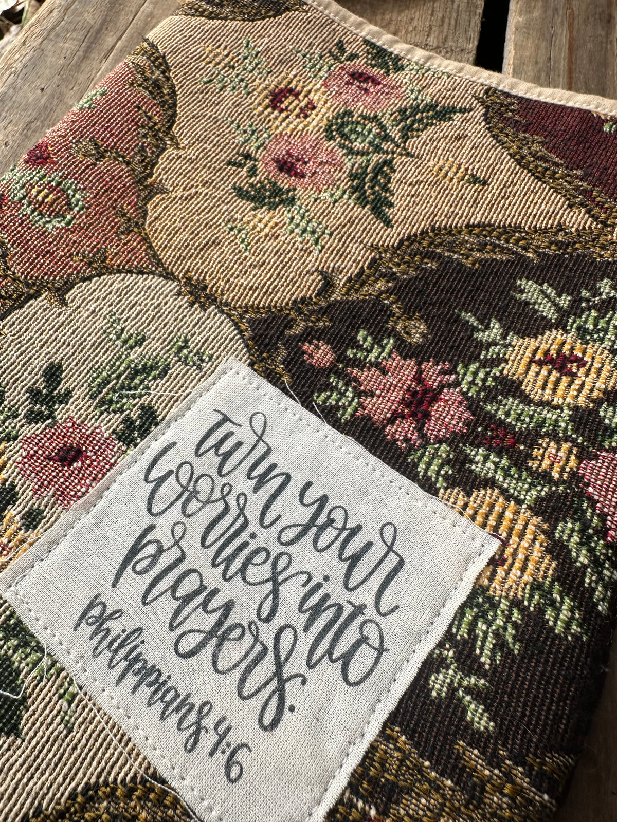 Vintage Tapestry Book Sleeve with Leather Wristlet | Philippians 4:6