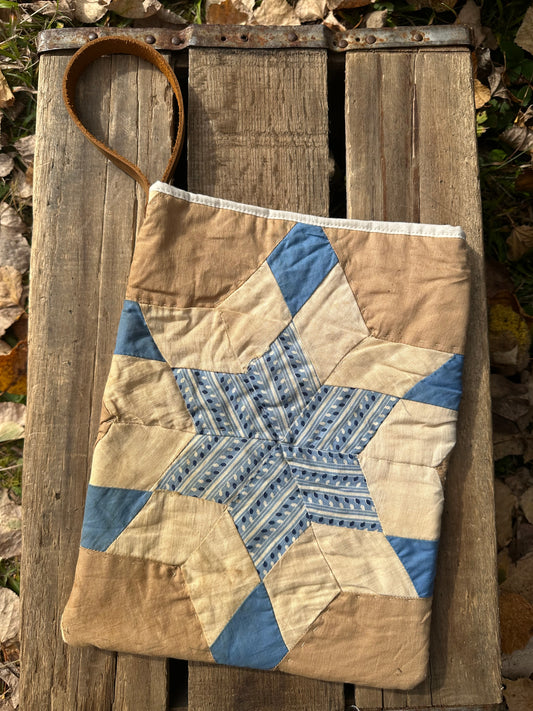 Antique Quilt Book Sleeve with Leather Wristlet | 1880s Star Patchwork