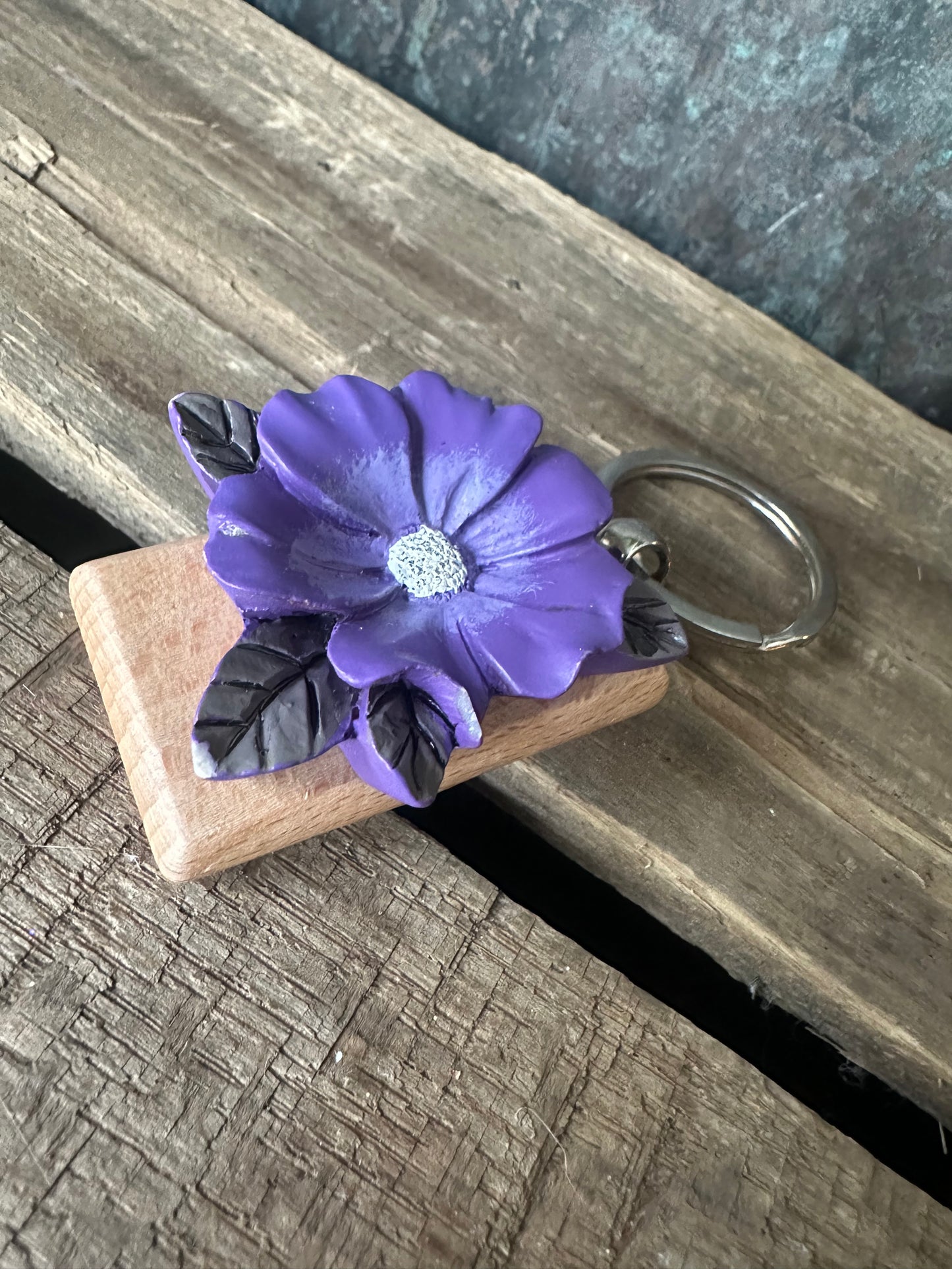 Repurposed Purple resin flower leaf key chain