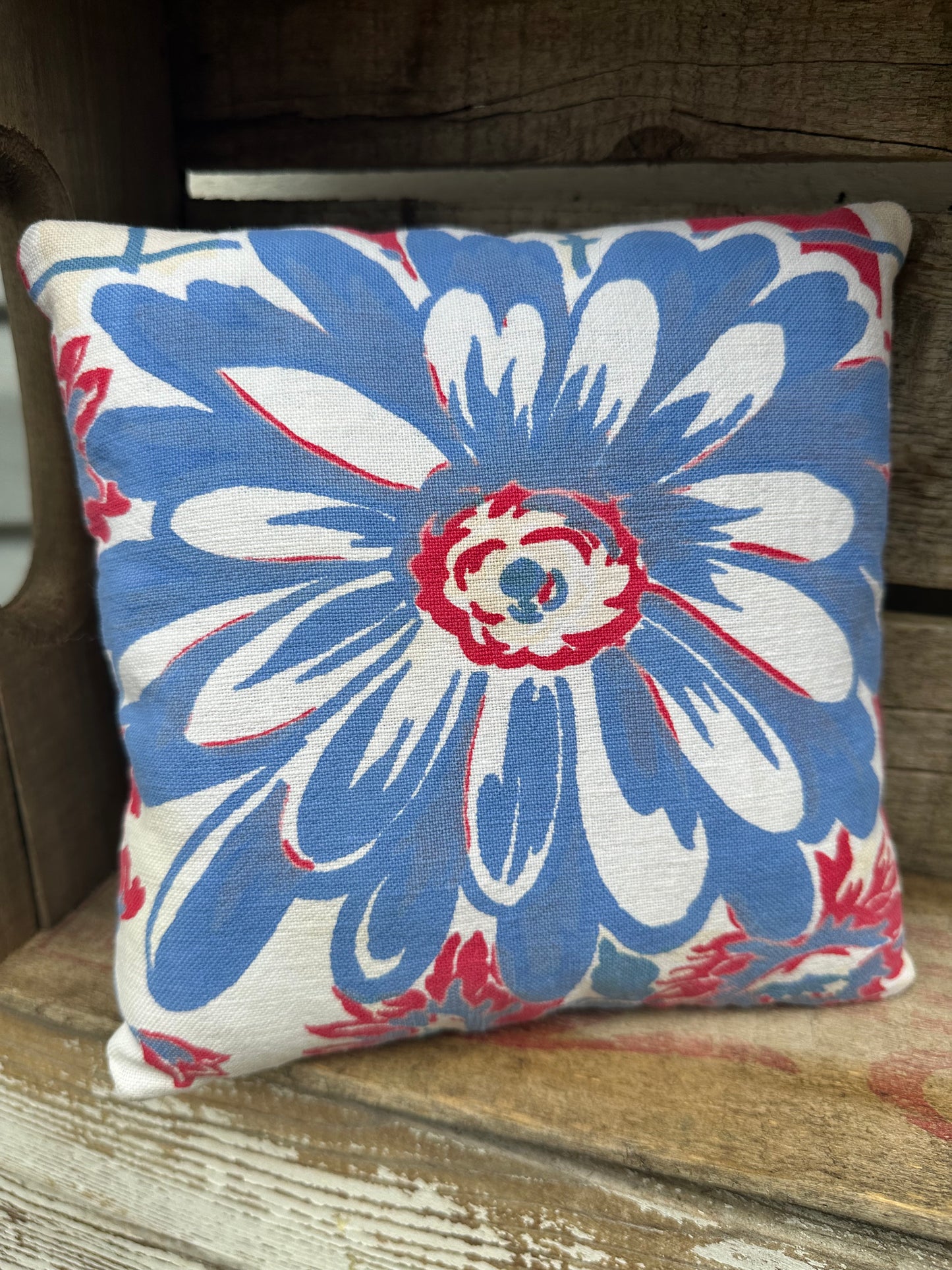 Vintage Red White Blue Flower Tablecloth Pillow