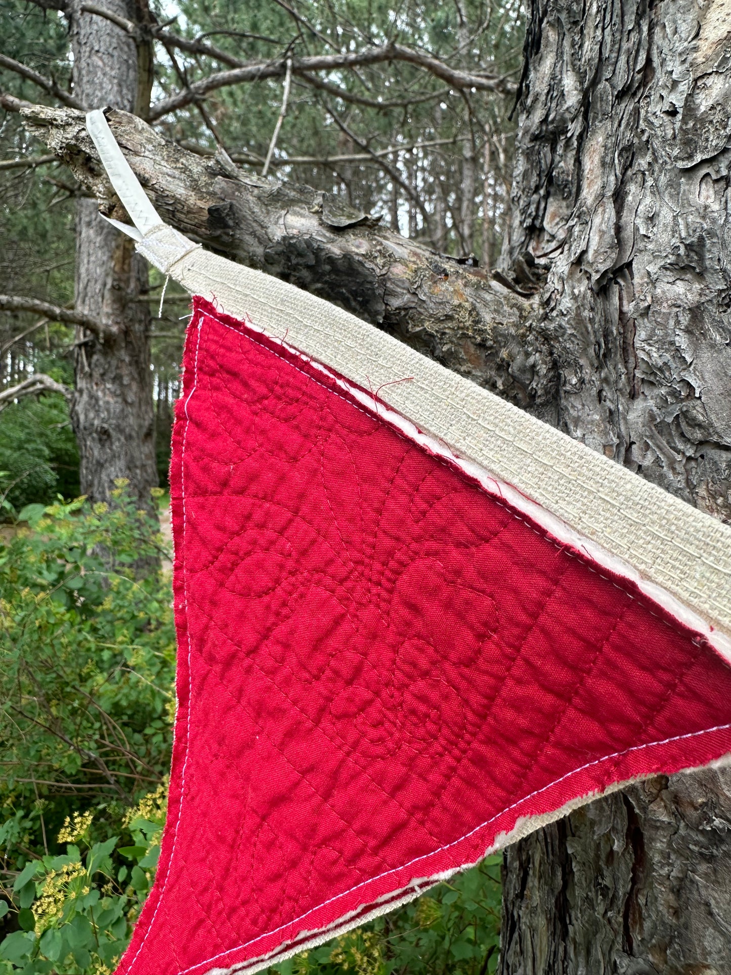 BANNER Patriotic  Blue With Polka Dot Textile + Red Quilted Pendants