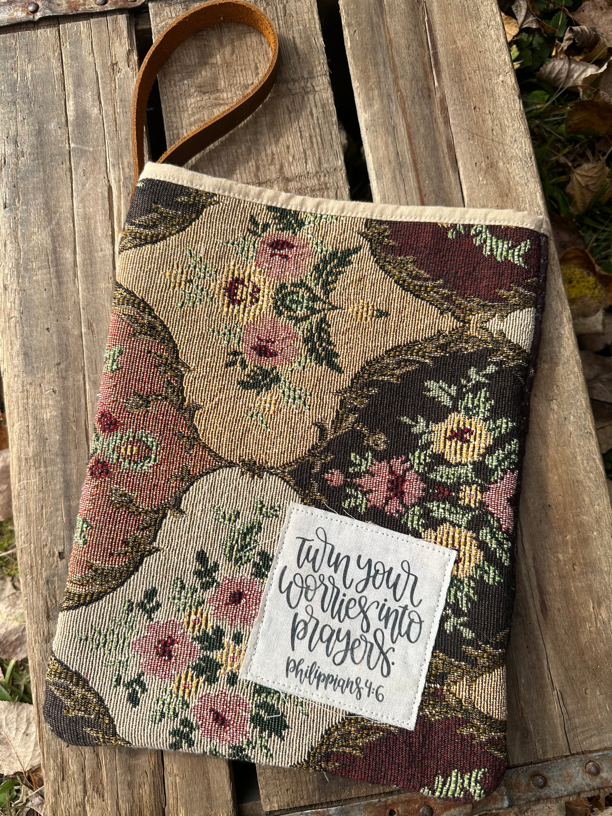 Vintage Tapestry Book Sleeve with Leather Wristlet | Philippians 4:6