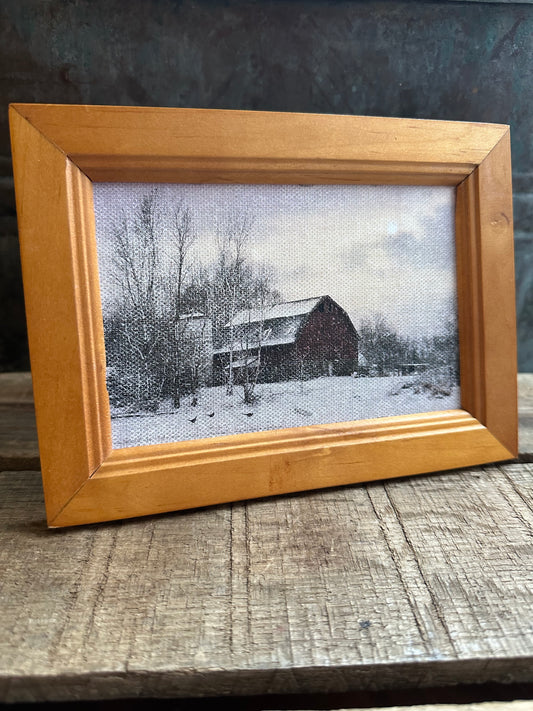 Winter Barn Scene Framed Canvas