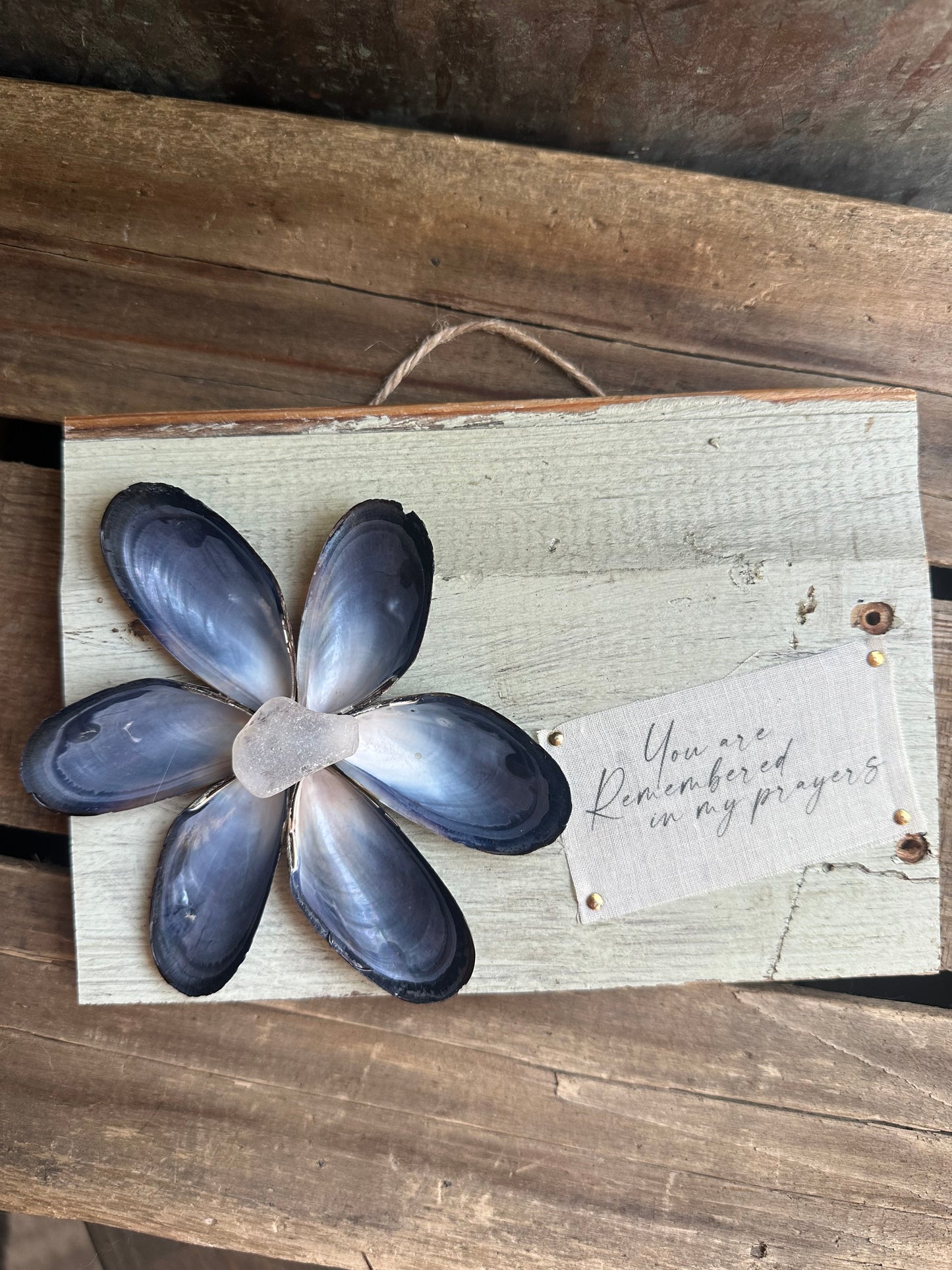 Mussel Shell Flower+ Weathered painted wood: God can redeem the wasted years