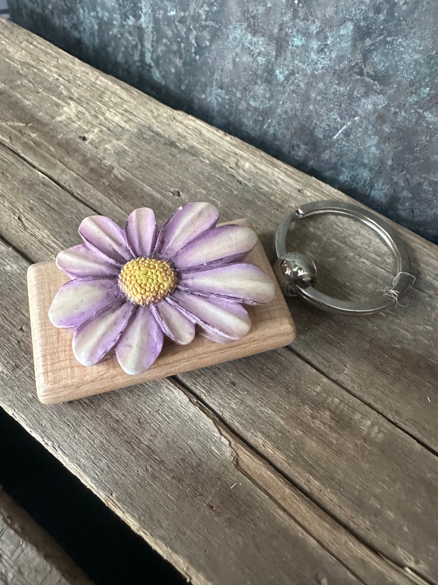 Repurposed Light Purple Yellow resin flower keychain
