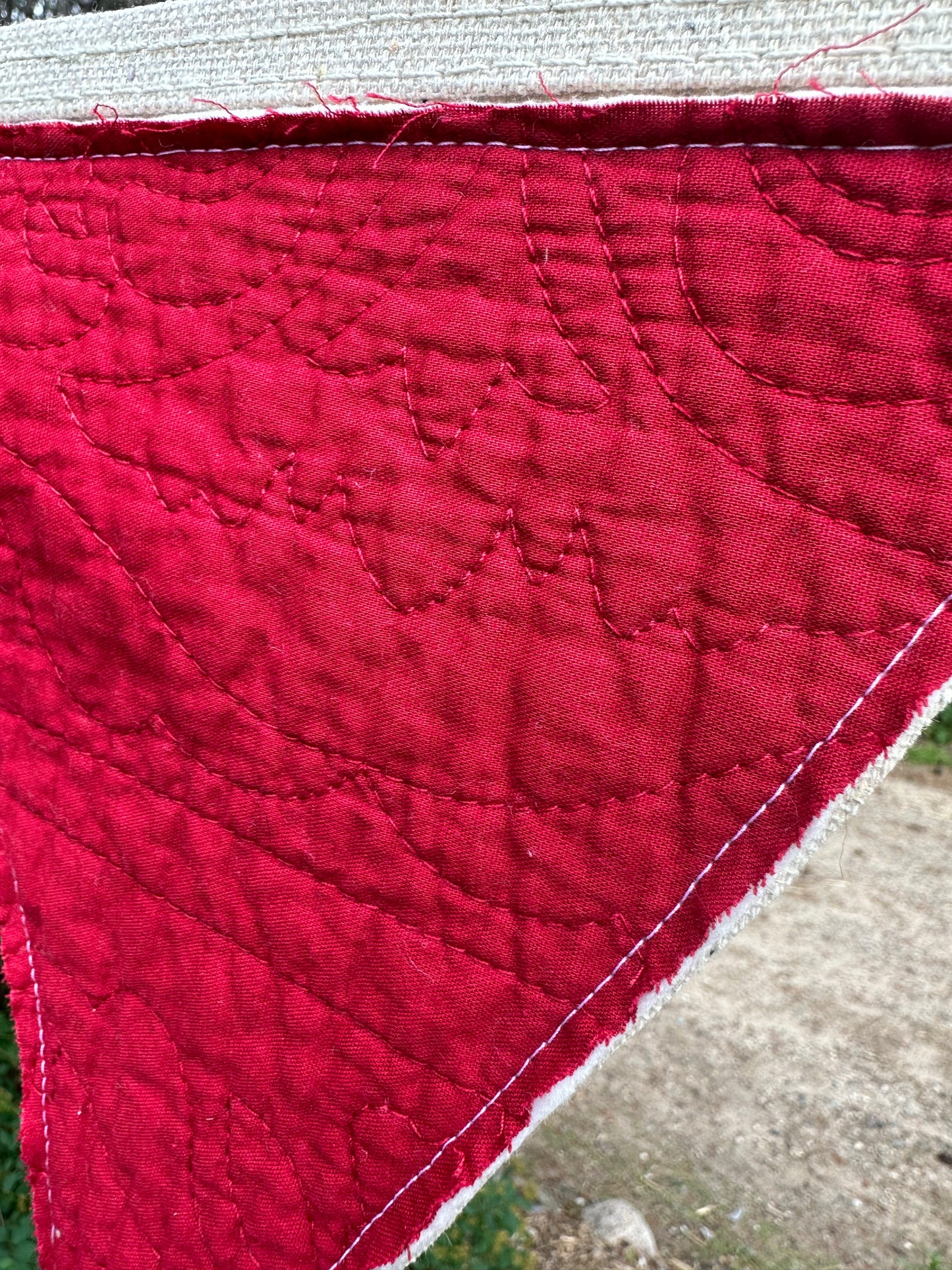 BANNER Patriotic  Blue With Polka Dot Textile + Red Quilted Pendants