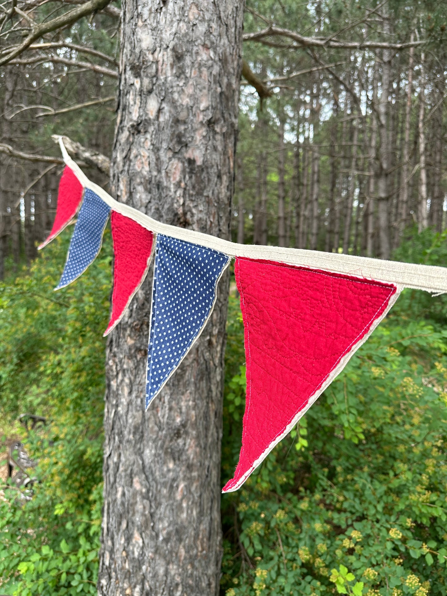 BANNER Patriotic  Blue With Polka Dot Textile + Red Quilted Pendants