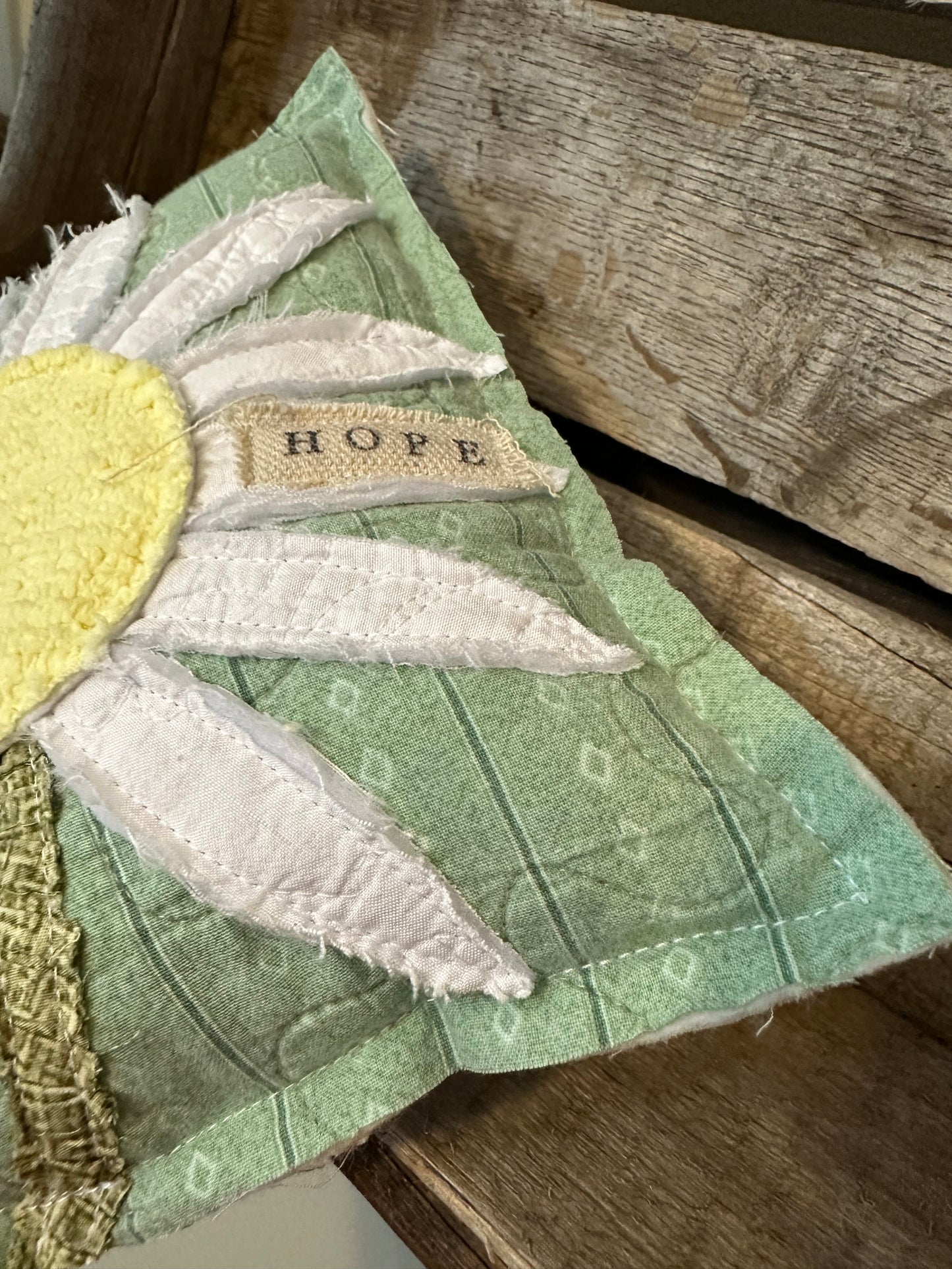 Daisy HOPE Vintage Quilted LINEN Back Pillow Raw Edge