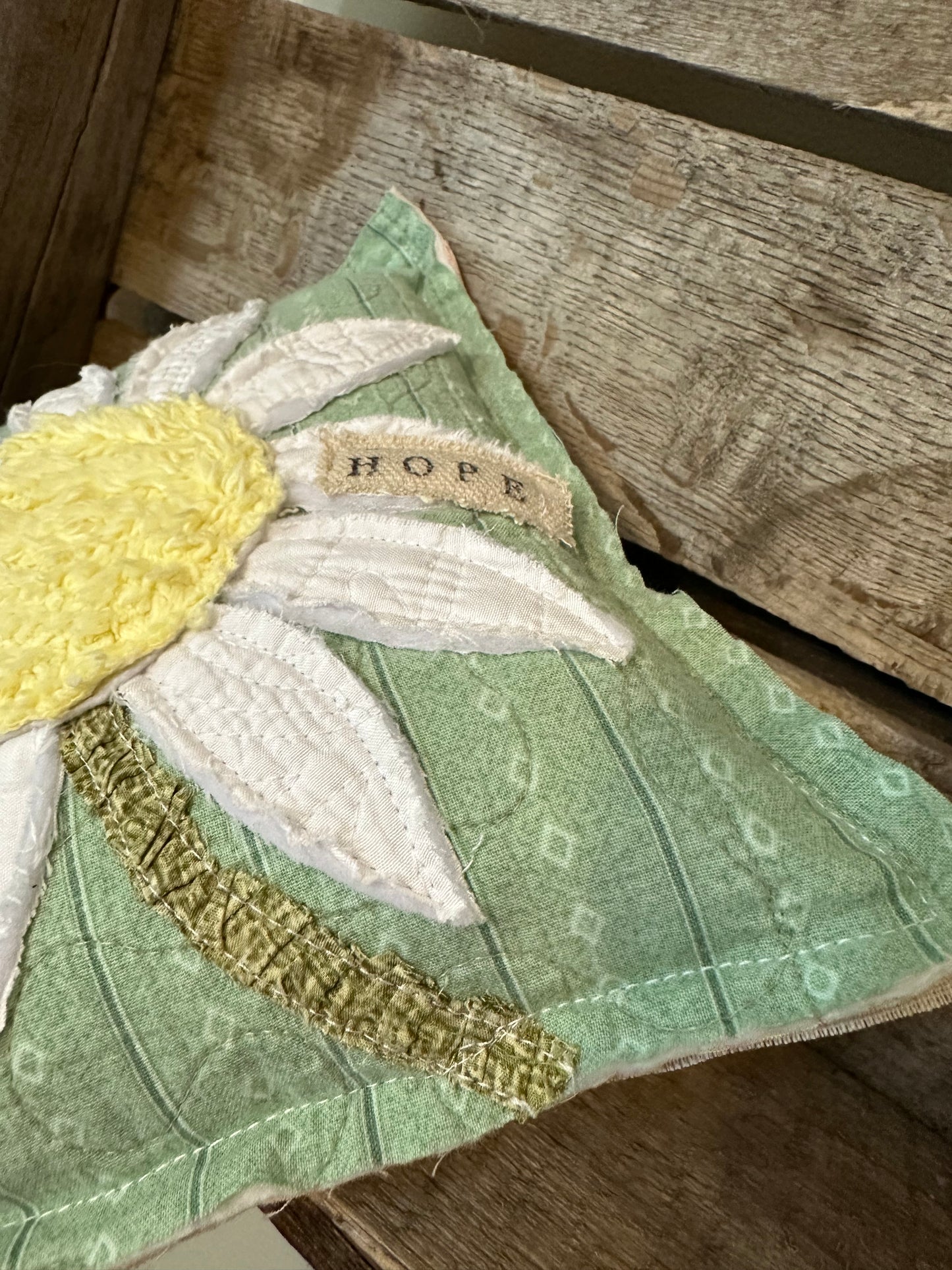 Daisy HOPE Vintage Quilted LINEN Back Pillow Raw Edge