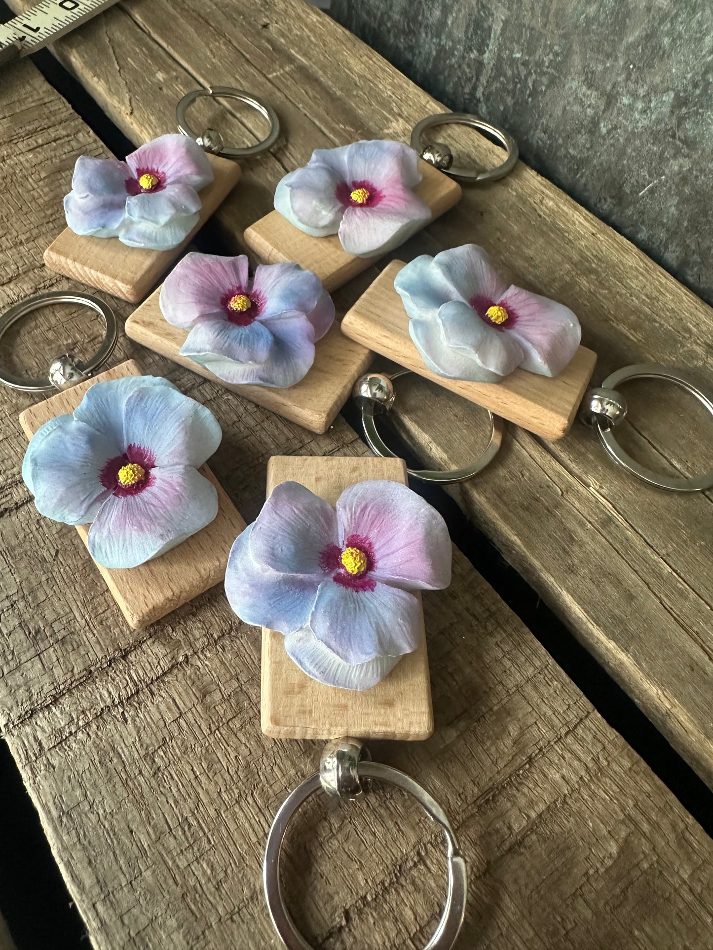 Repurposed Blue Purple resin flower keychain
