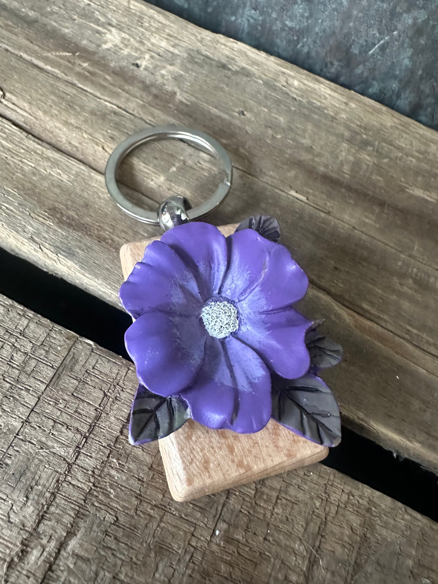 Repurposed Purple resin flower leaf key chain