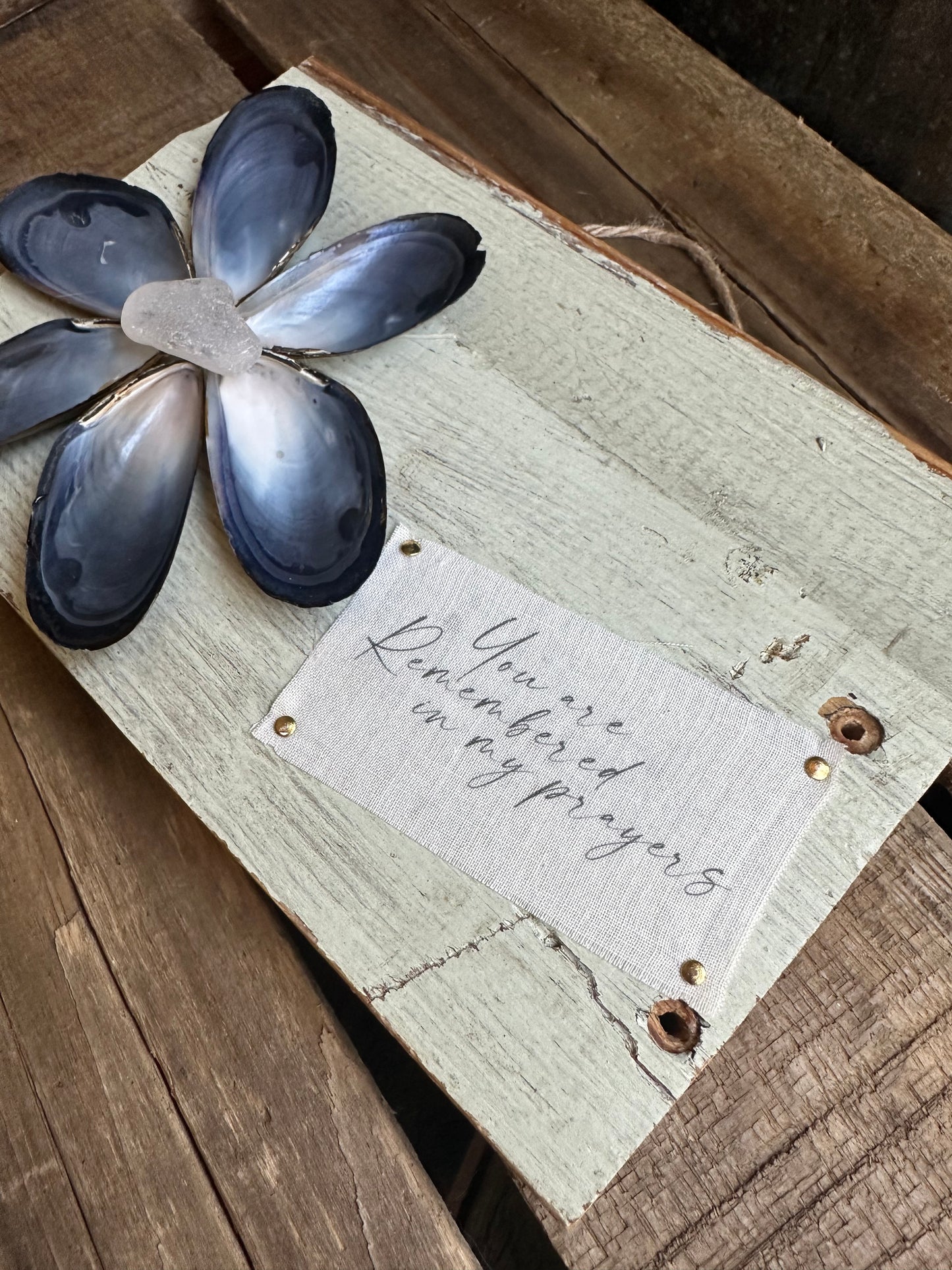 Mussel Shell Flower+ Weathered painted wood: God can redeem the wasted years